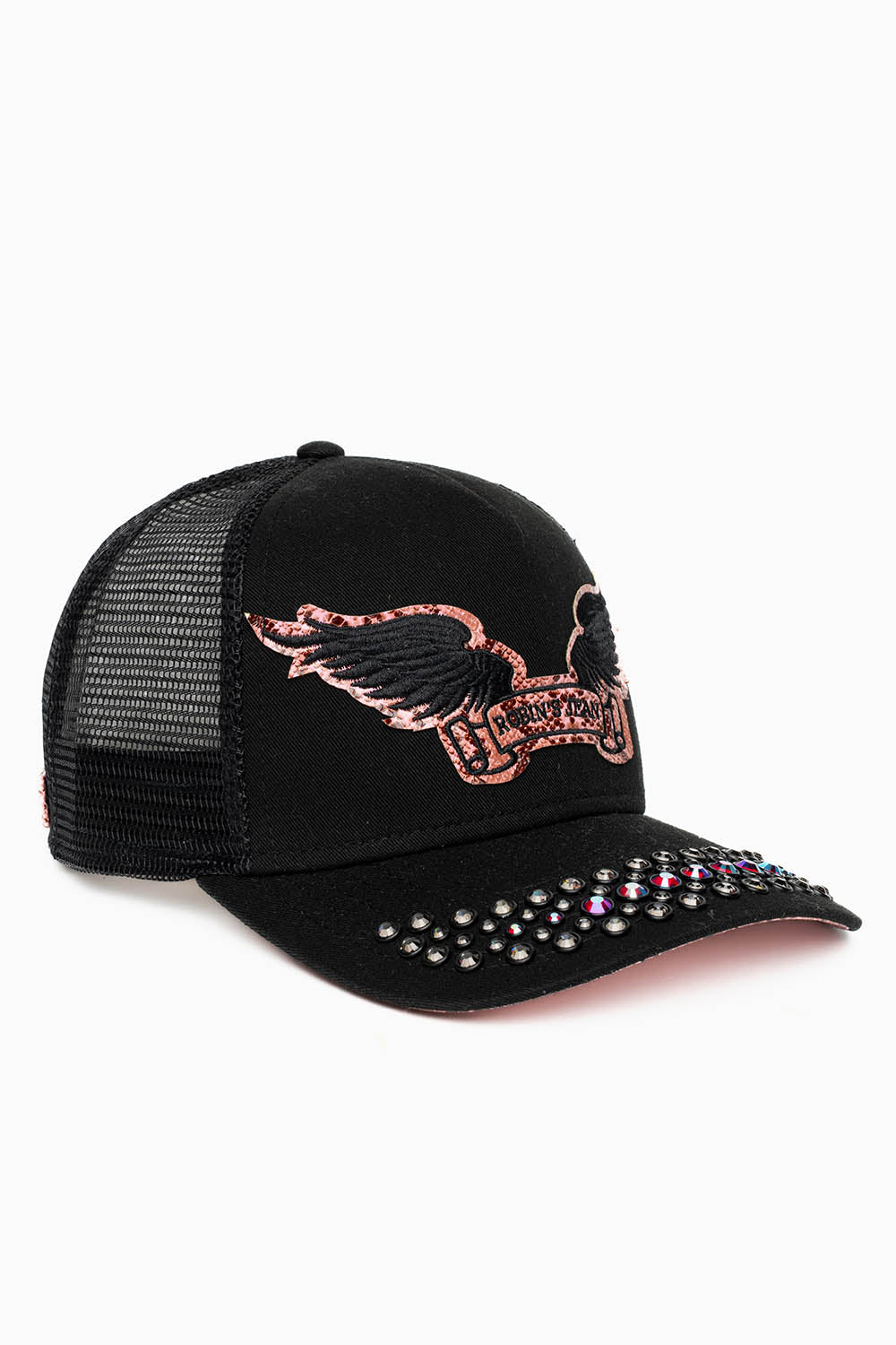 BLACK/SALMOM TRUCKER HAT WITH ROBIN’S SIGNATURE WING LOGO WITH RED AND BLK DIAMOND  EMBELLISHMENT