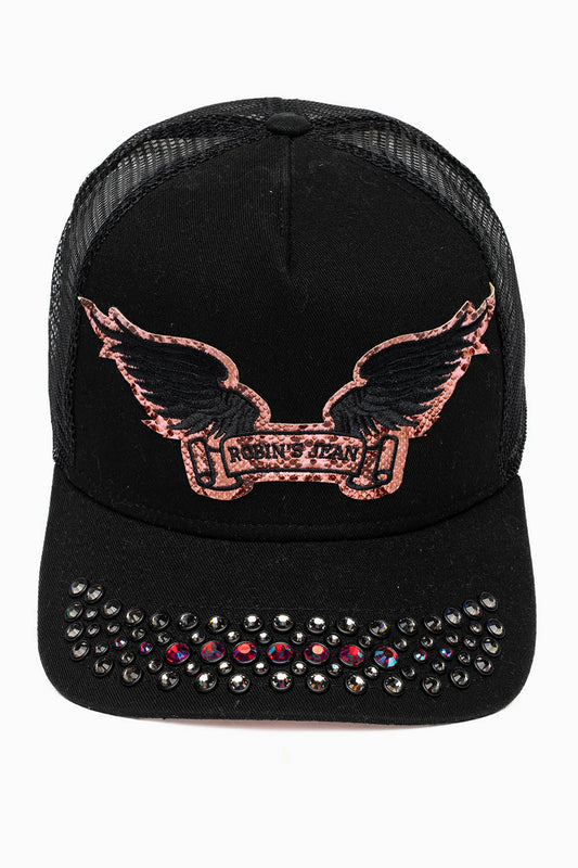 BLACK/SALMOM TRUCKER HAT WITH ROBIN’S SIGNATURE WING LOGO WITH RED AND BLK DIAMOND  EMBELLISHMENT