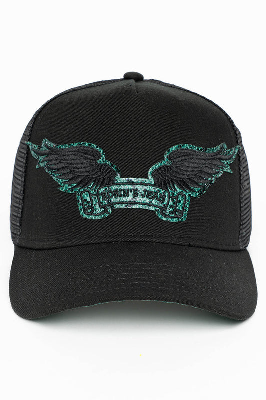 BLACK TRUCKER HAT WITH ROBIN’S SIGNATURE WING LOGO IN GREEN PYTHON