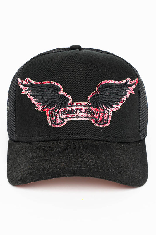 BLACK TRUCKER HAT WITH ROBIN’S SIGNATURE WING LOGO IN HOT PINK PYTHON