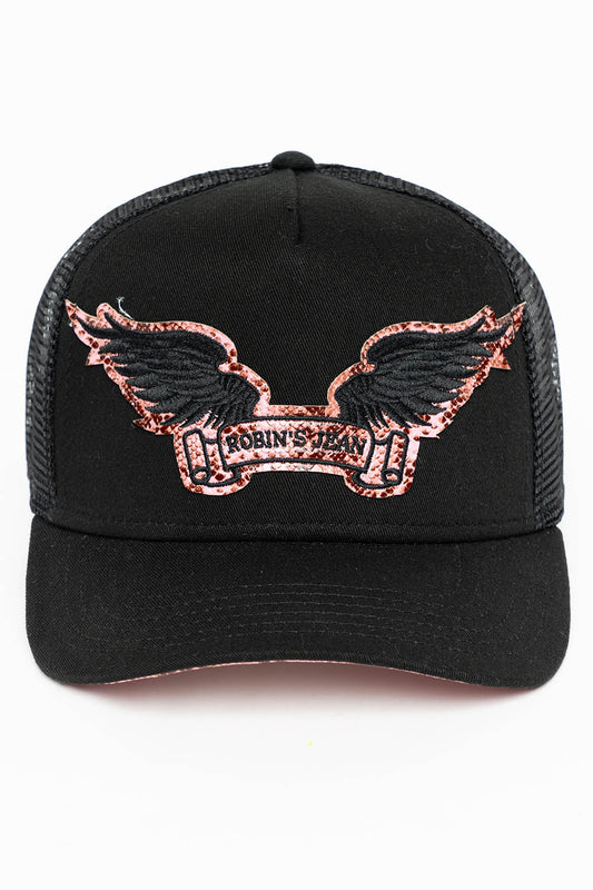 BLACK TRUCKER HAT WITH ROBIN’S SIGNATURE WING LOGO IN SALMON PYTHON