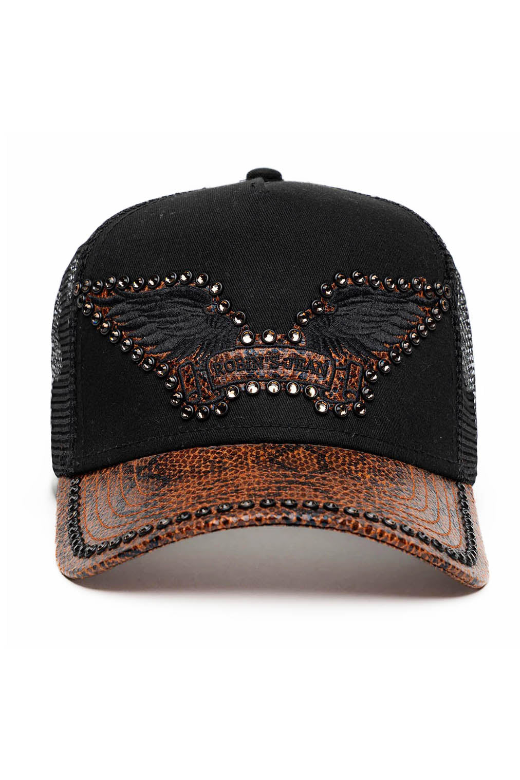 BLK/BROWN PYTHON TRUCKER HAT WITH SMOKY TOPAZ EMBELLISHMENT