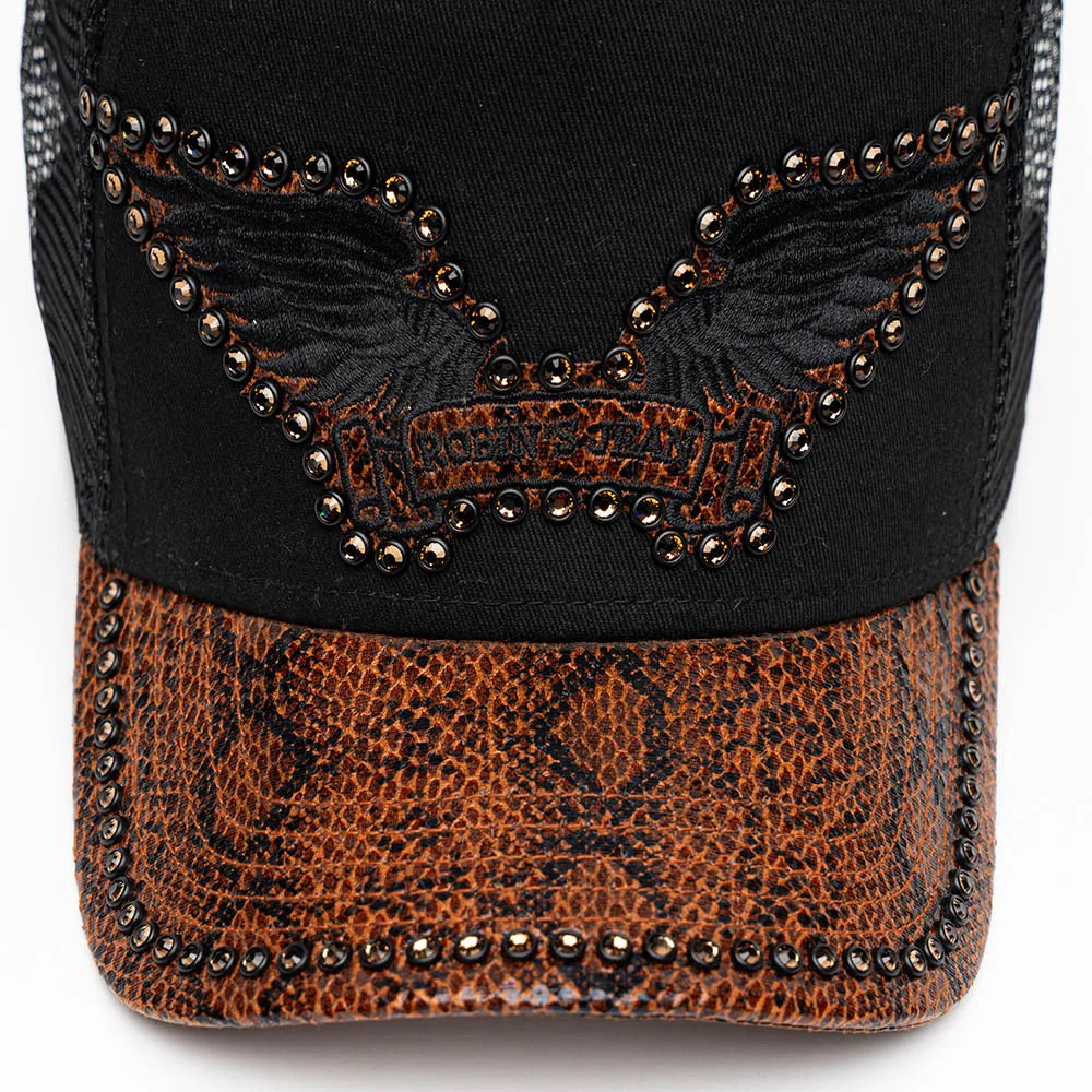 BLK/BROWN PYTHON TRUCKER HAT WITH SMOKY TOPAZ EMBELLISHMENT