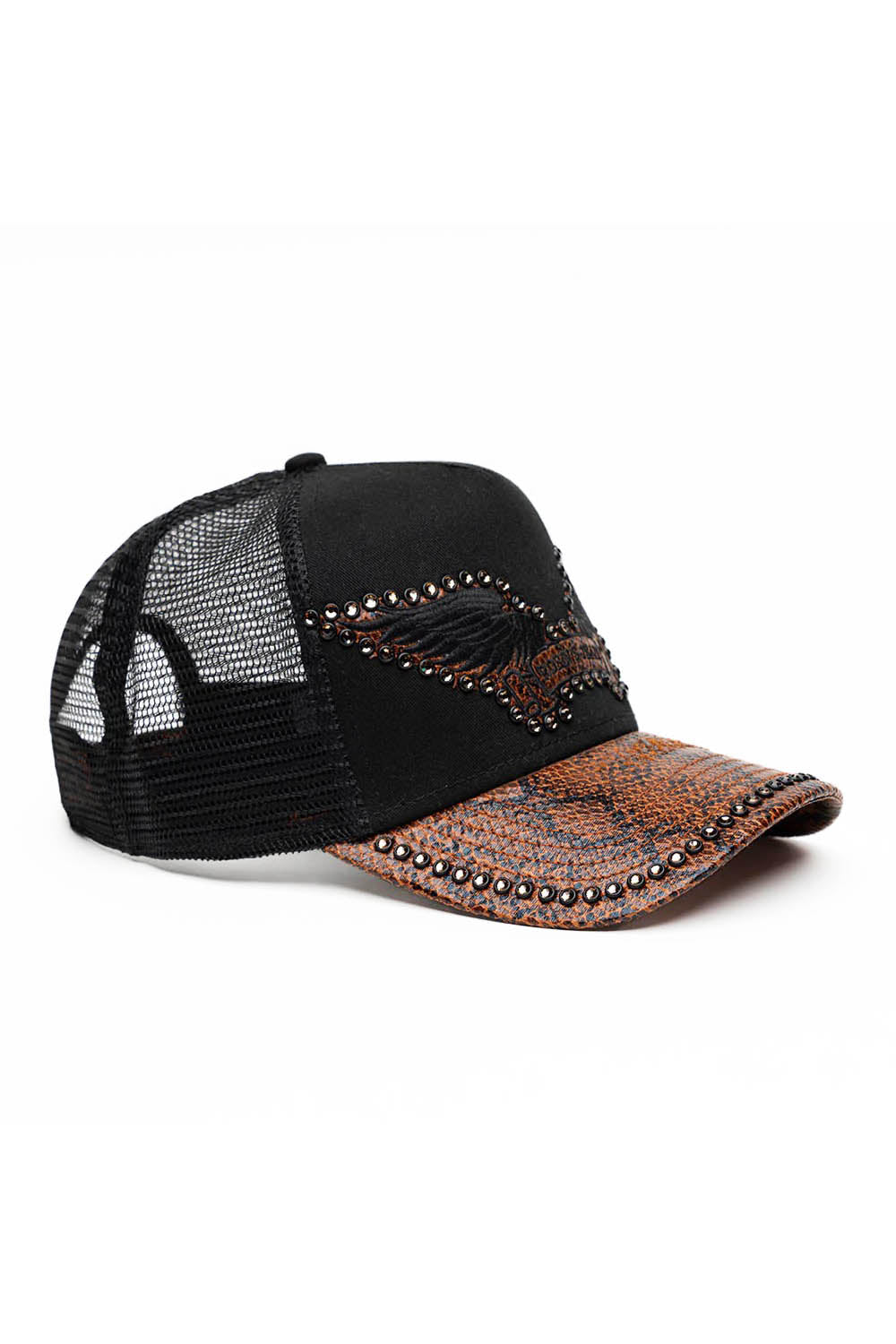 BLK/BROWN PYTHON TRUCKER HAT WITH SMOKY TOPAZ EMBELLISHMENT