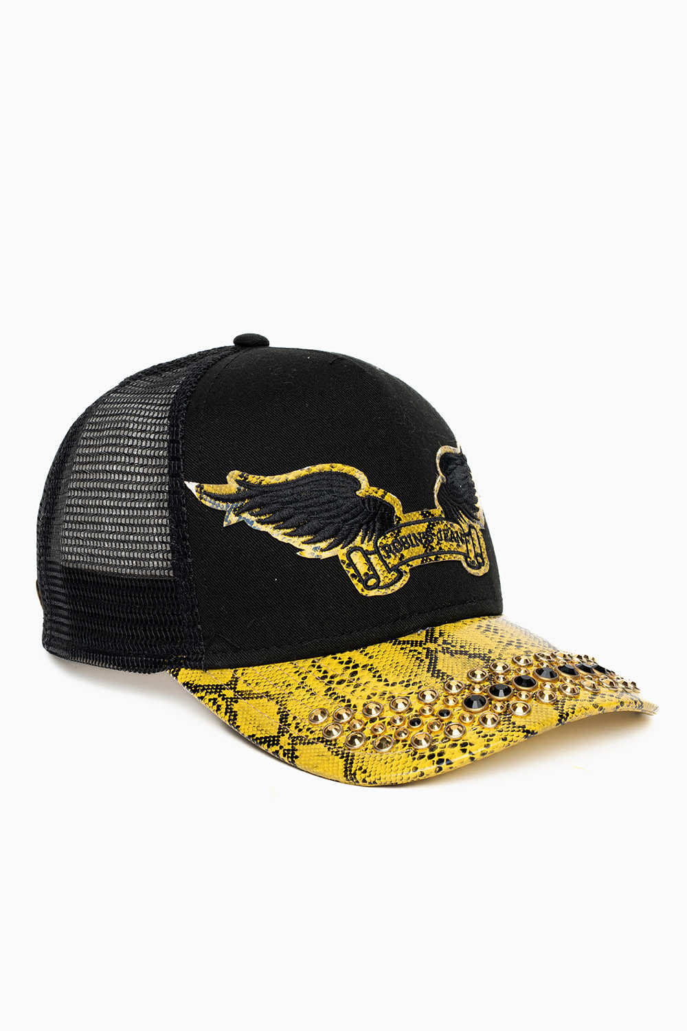 BLK/YELLOW CITRIN PYTHON TRUCKER HAT WITH JET BLK AND AURUM CRYSTAL  EMBELLISHMENT