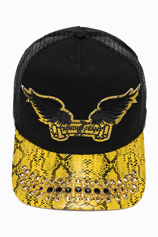 BLK/YELLOW CITRIN PYTHON TRUCKER HAT WITH JET BLK AND AURUM CRYSTAL  EMBELLISHMENT