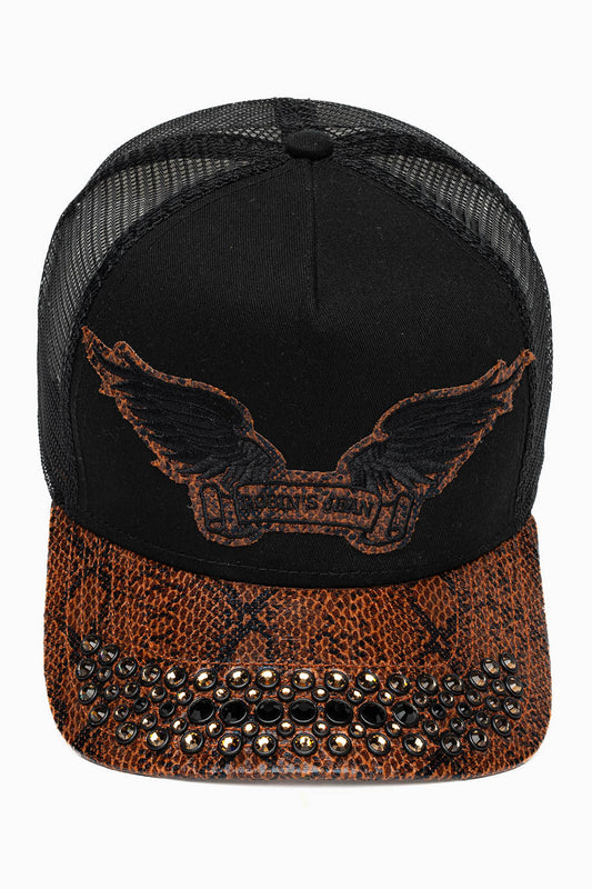BLK/BROWN PYTHON TRUCKER HAT WITH JET BLK AND SMOKY TOPAZ CRYSTALS