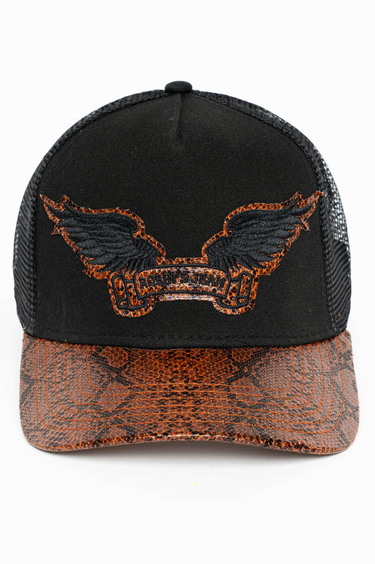 BLK/BROWN PYTHON TRUCKER HAT WITH ROBIN’S SIGNATURE WING LOGO