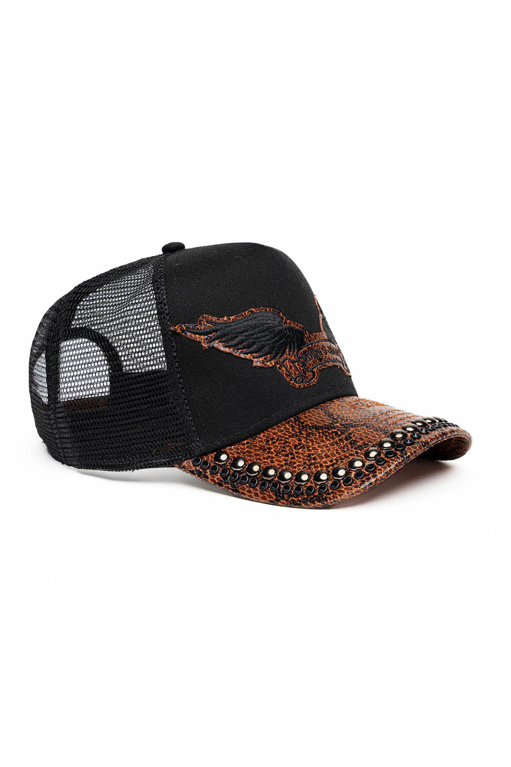 BLK/BROWN PYTHON TRUCKER HAT WITH JET BLK CRYSTAL/GUNMETAL NAILHEADS EMBELLISHMENT