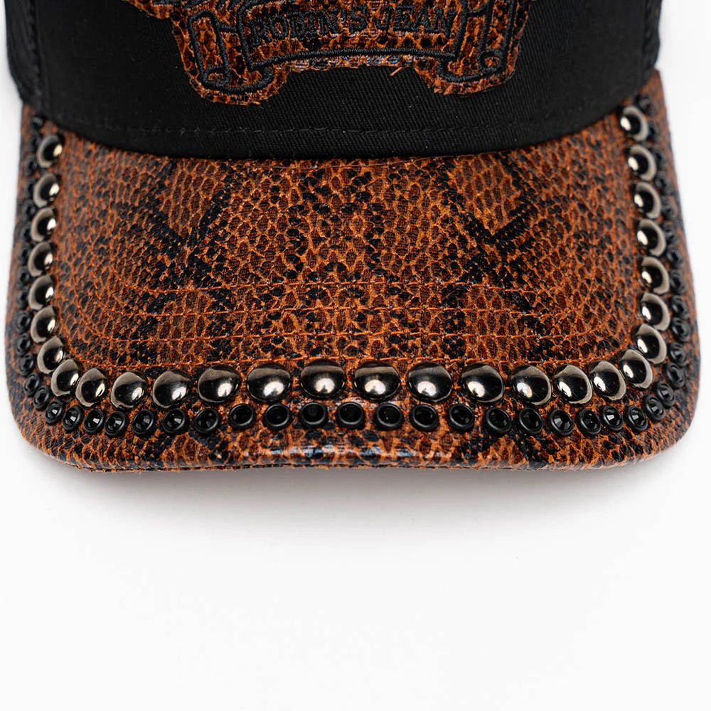 BLK/BROWN PYTHON TRUCKER HAT WITH JET BLK CRYSTAL/GUNMETAL NAILHEADS EMBELLISHMENT