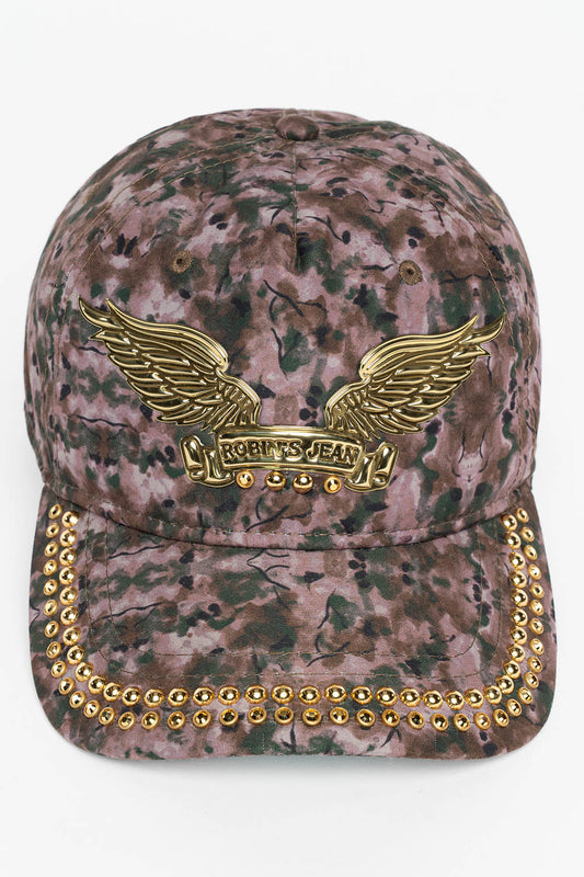 GREEN CAMO SNAPBACK HAT WITH GOLD EMBOSSED WINGS WITH GOLD EMBELLISHMENT