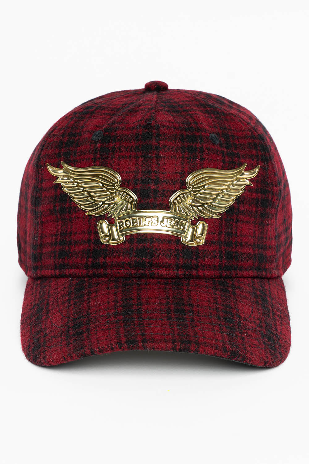 PLAID CAP IN RED WITH GOLD EMBOSSED ROBIN’S SIGNATURE WING – Robin's Jean
