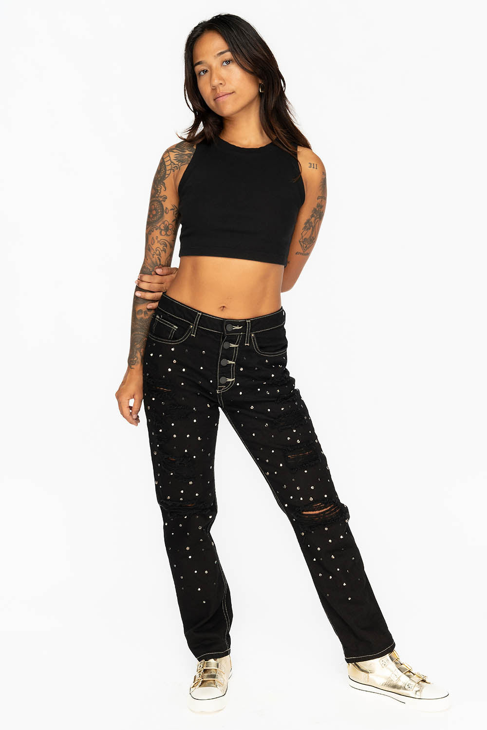 BOYFRIEND JEANS IN PURE BLACK WITH BLACK AND SILVER STUDS & CRYSTALS