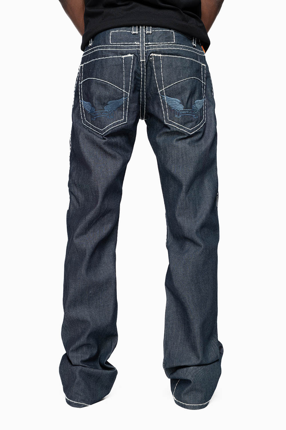 ROBIN’S BOOT CUT JEAN  IN RAW DENIM WITH HEAVY WHITE STITCHING WITH EMBROIDERED WING LOGO ON BACK POCKETS