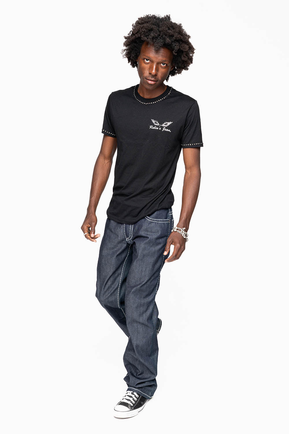 ROBIN’S BOOT CUT JEAN  IN RAW DENIM WITH HEAVY WHITE STITCHING WITH EMBROIDERED WING LOGO ON BACK POCKETS