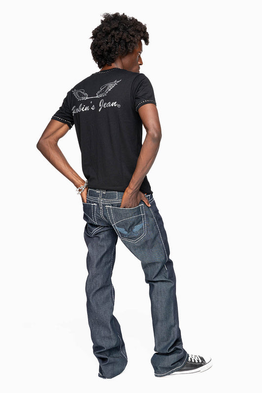 ROBIN’S BOOT CUT JEAN  IN RAW DENIM WITH HEAVY WHITE STITCHING WITH EMBROIDERED WING LOGO ON BACK POCKETS