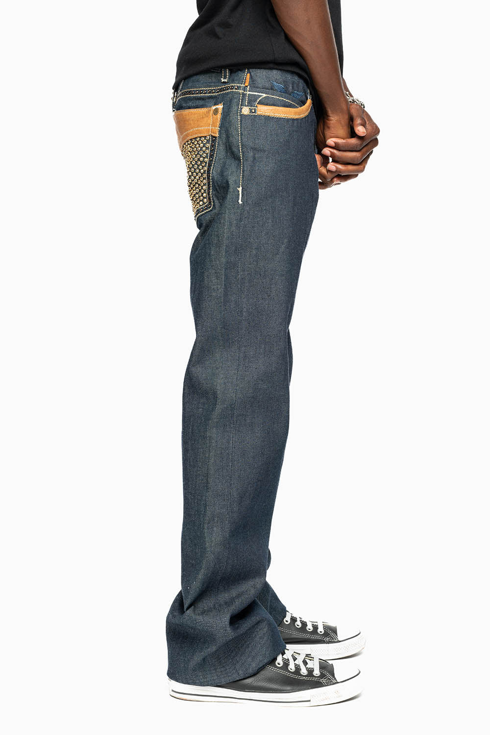 ROBIN’S BOOT CUT WESTERN JEAN  IN RAW DENIM WITH COGNAC LEATHER INSERTS EMBELLISHED WITH CRYSTALS