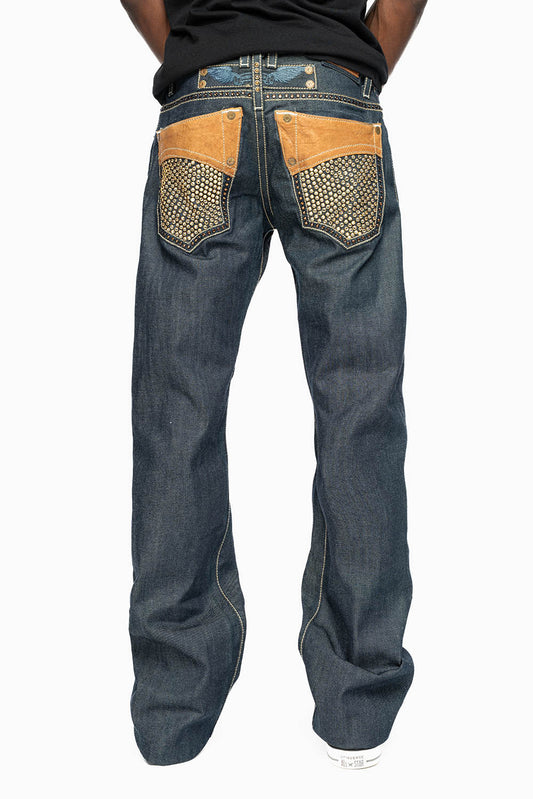 ROBIN’S BOOT CUT WESTERN JEAN  IN RAW DENIM WITH COGNAC LEATHER INSERTS EMBELLISHED WITH CRYSTALS