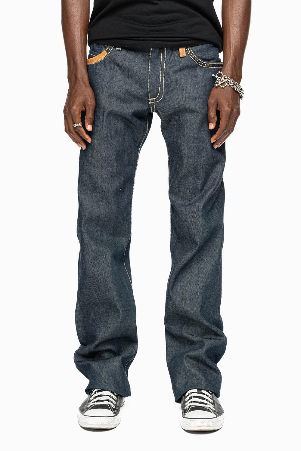 ROBIN’S BOOT CUT WESTERN JEAN  IN RAW DENIM WITH COGNAC LEATHER INSERTS EMBELLISHED WITH CRYSTALS