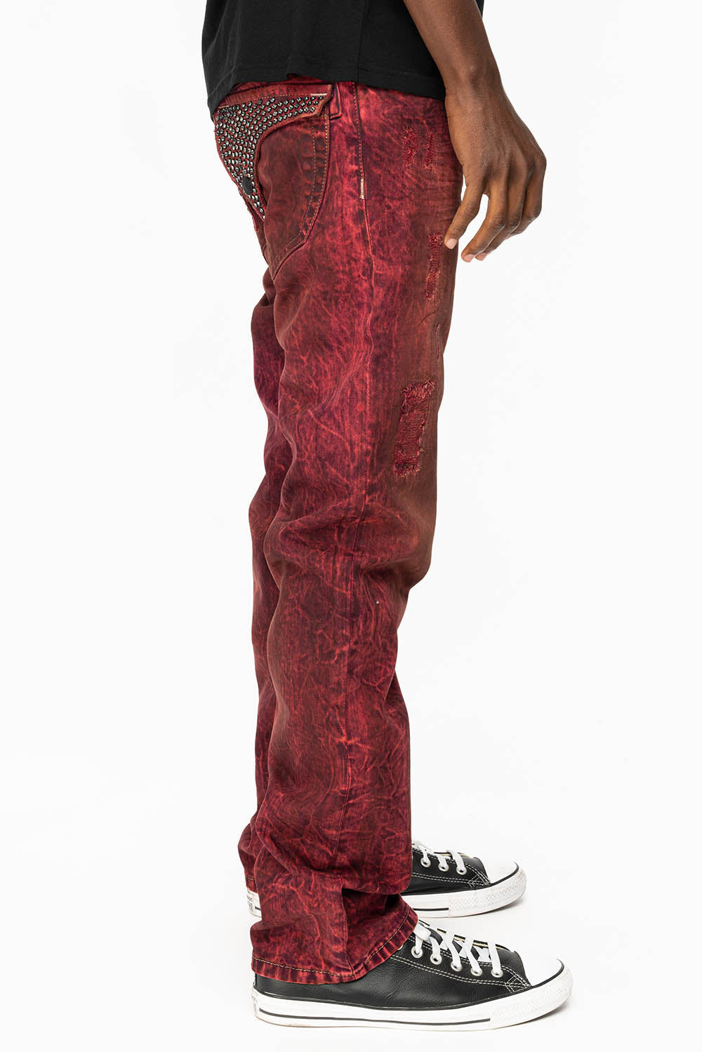 KILLER FLAP STRAIGHT LEG JEANS WITH  FULL CRYSTALS  IN OIL RED SPECIALTY WASH