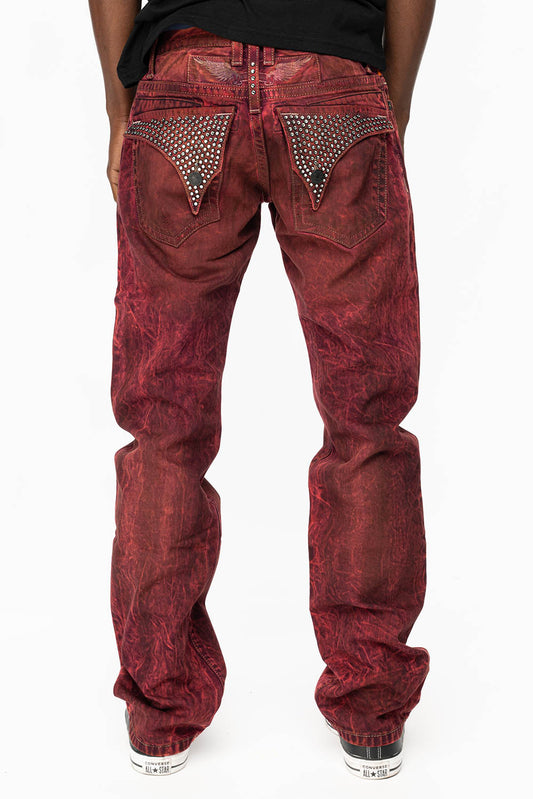 KILLER FLAP STRAIGHT LEG JEANS WITH  FULL CRYSTALS  IN OIL RED SPECIALTY WASH