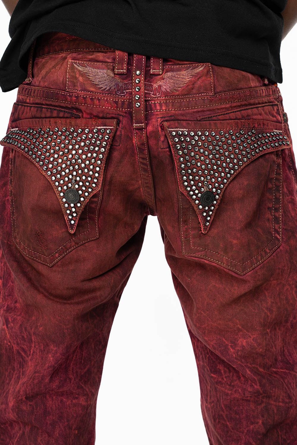 KILLER FLAP STRAIGHT LEG JEANS WITH  FULL CRYSTALS  IN OIL RED SPECIALTY WASH