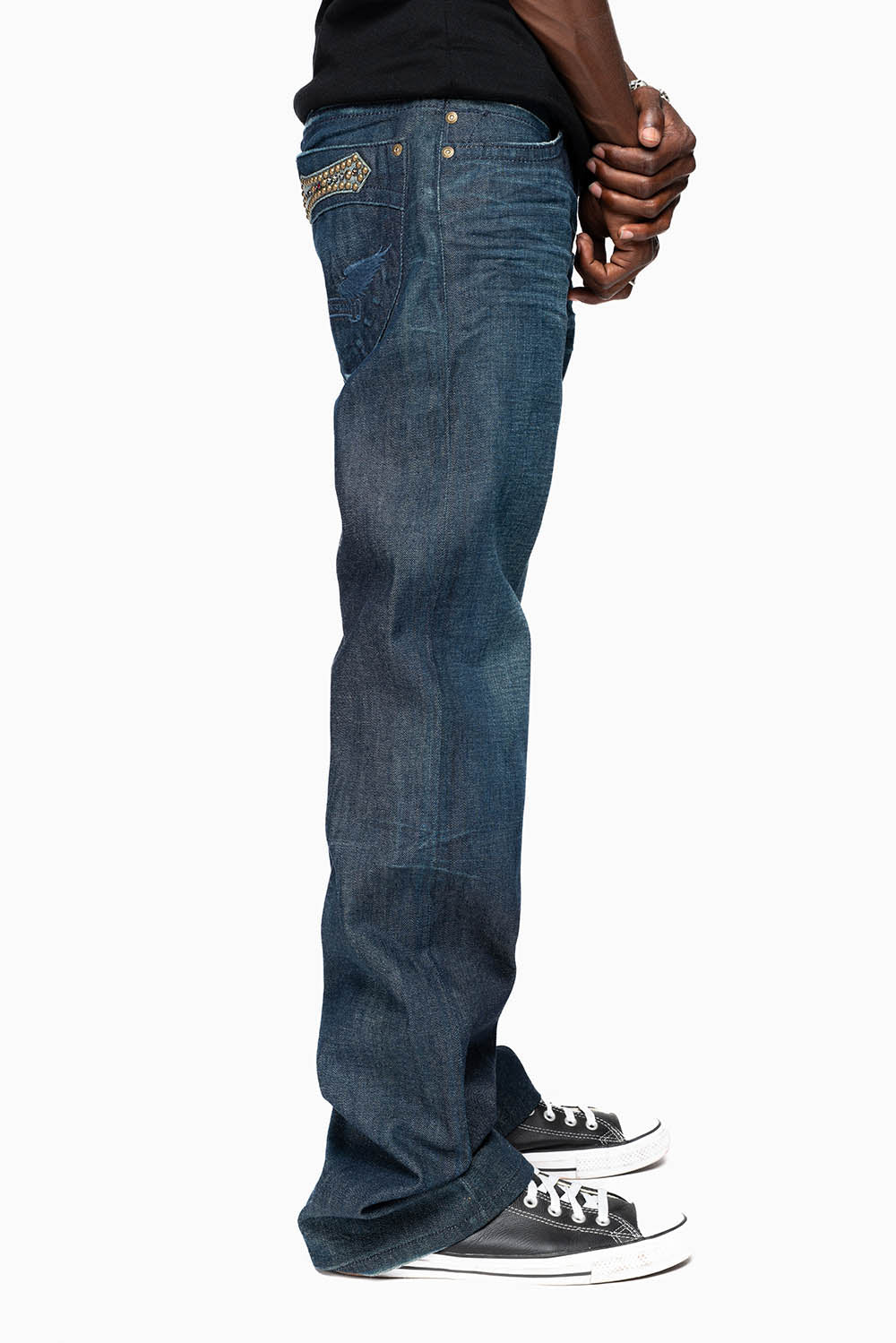 AMERICAN BEAUTY BOOT CUT JEAN  IN VINTAGE DARK WITH EMBROIDERED WING LOGO AND EMBELISHMENT ON BACK POCKETS