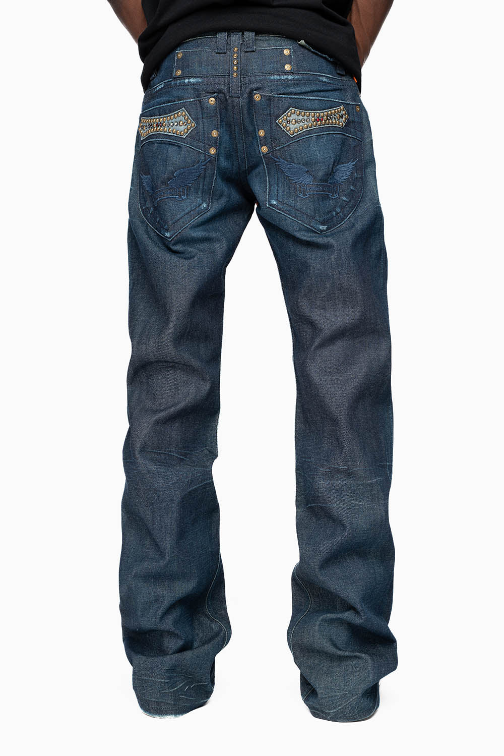 AMERICAN BEAUTY BOOT CUT JEAN  IN VINTAGE DARK WITH EMBROIDERED WING LOGO AND EMBELISHMENT ON BACK POCKETS