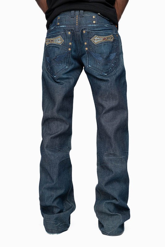 AMERICAN BEAUTY BOOT CUT JEAN  IN VINTAGE DARK WITH EMBROIDERED WING LOGO AND EMBELISHMENT ON BACK POCKETS