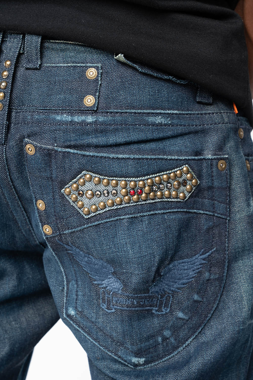 AMERICAN BEAUTY BOOT CUT JEAN  IN VINTAGE DARK WITH EMBROIDERED WING LOGO AND EMBELISHMENT ON BACK POCKETS