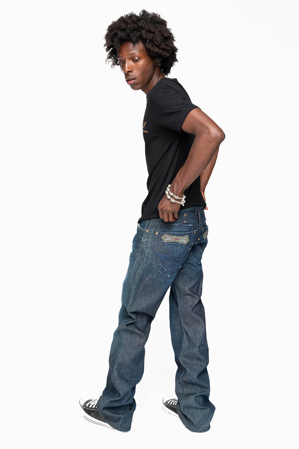 AMERICAN BEAUTY BOOT CUT JEAN  IN VINTAGE DARK WITH EMBROIDERED WING LOGO AND EMBELISHMENT ON BACK POCKETS