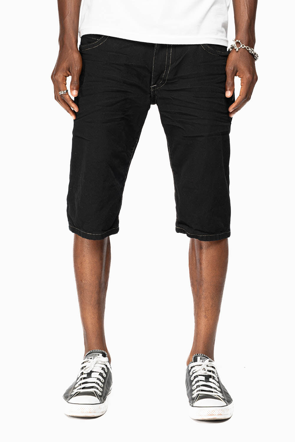 LIMITED EDITION MENS SHORTS WITH  FLAP POCKETS IN PURE BLK WASH WITH BLK DIAMOND CRYSTALS