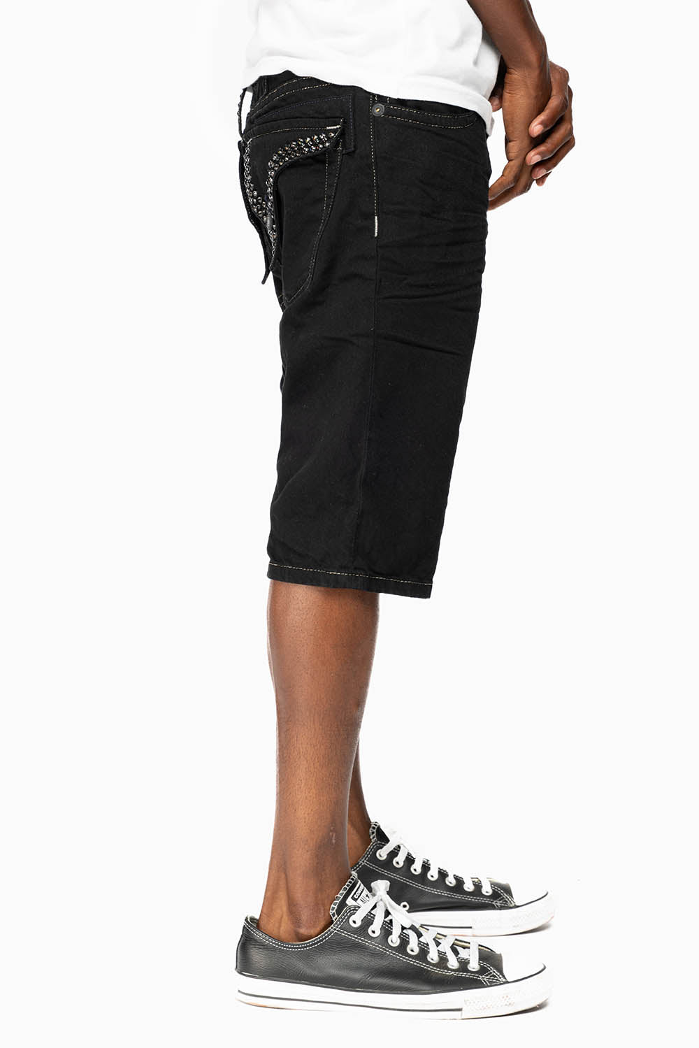 LIMITED EDITION MENS SHORTS WITH  FLAP POCKETS IN PURE BLK WASH WITH BLK DIAMOND CRYSTALS