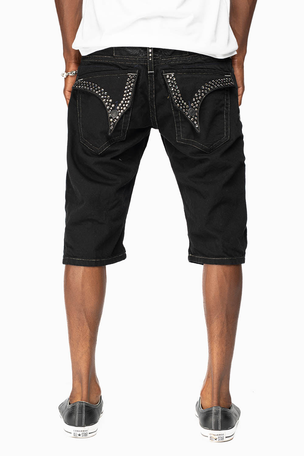 LIMITED EDITION MENS SHORTS WITH  FLAP POCKETS IN PURE BLK WASH WITH BLK DIAMOND CRYSTALS