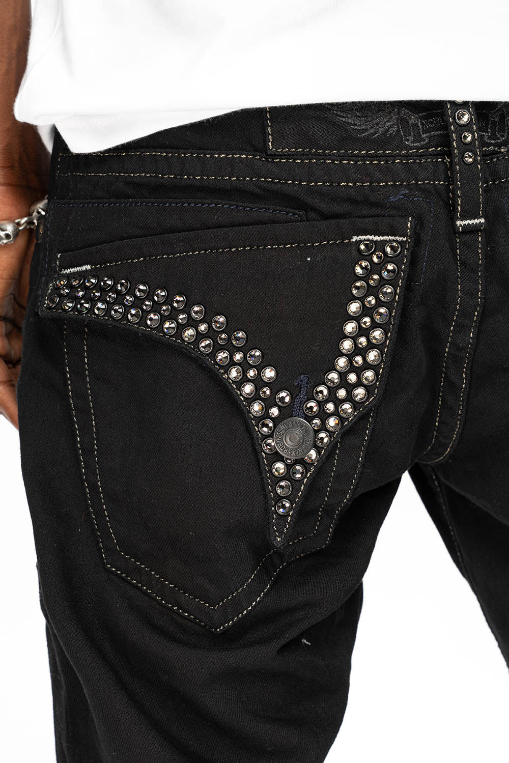 LIMITED EDITION MENS SHORTS WITH  FLAP POCKETS IN PURE BLK WASH WITH BLK DIAMOND CRYSTALS