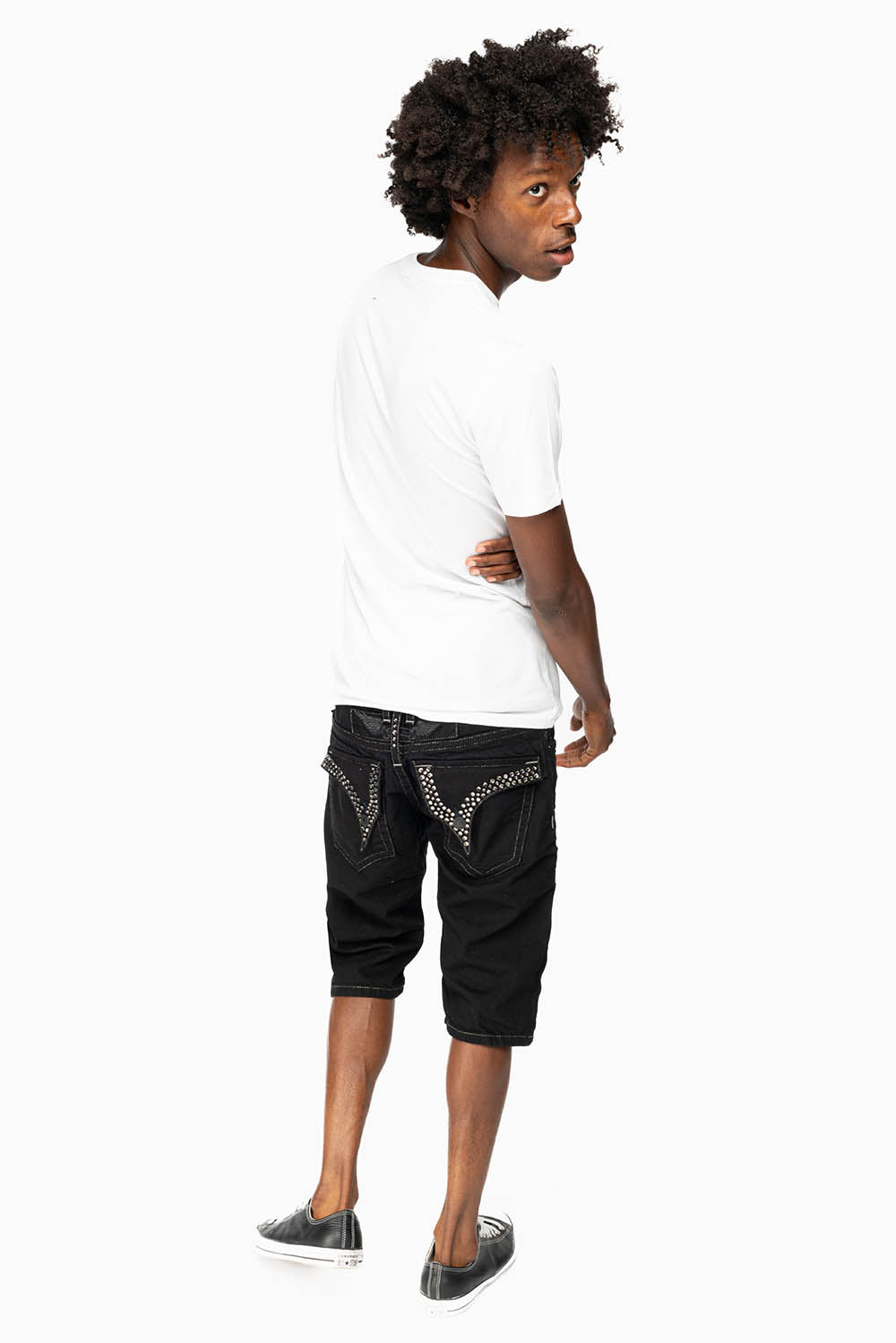 LIMITED EDITION MENS SHORTS WITH  FLAP POCKETS IN PURE BLK WASH WITH BLK DIAMOND CRYSTALS