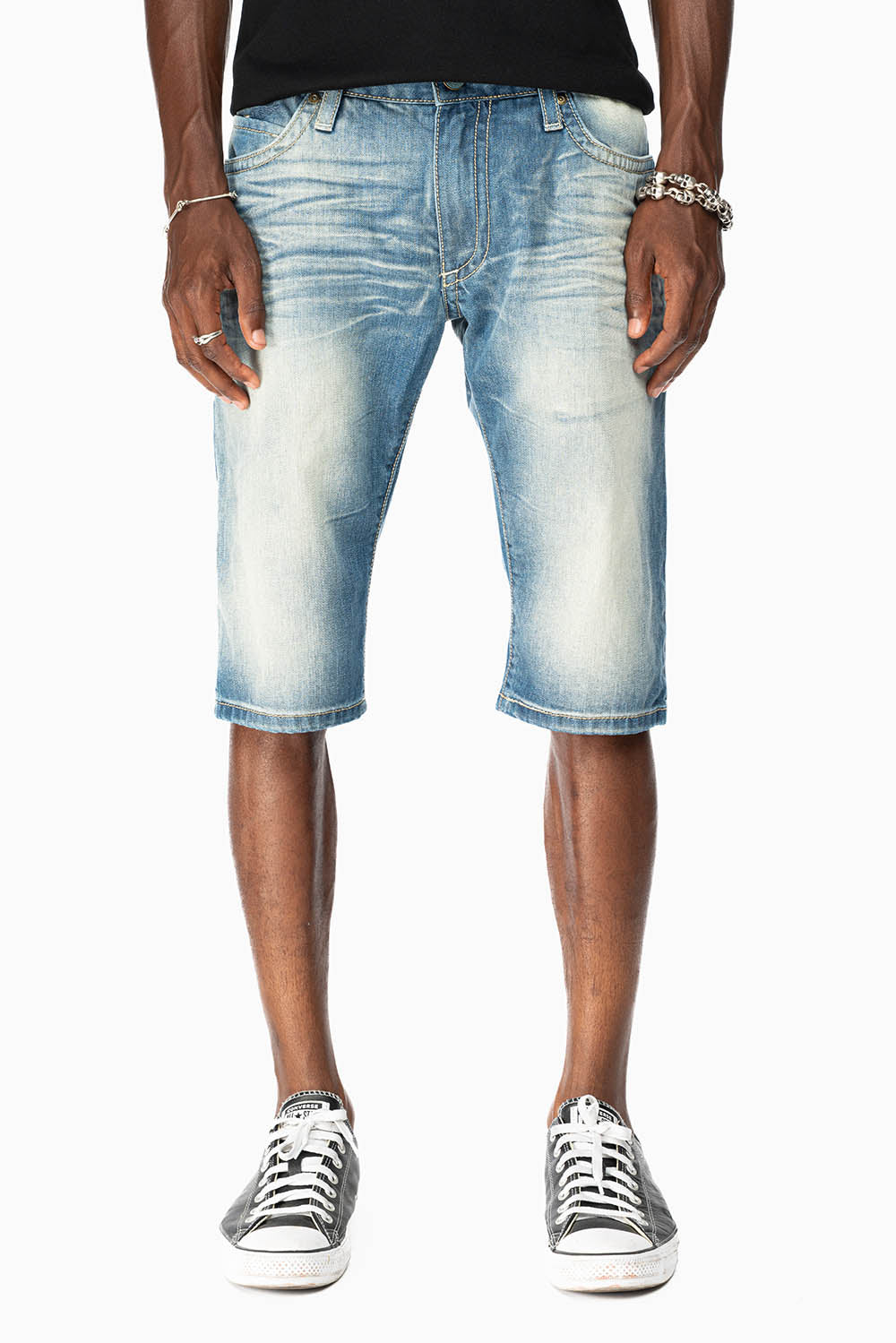 LIMITED EDITION MENS SHORTS WITH FLAP POCKETS IN OMAHA MEDIUM WASH WITH JET BLK CRYSTALS AND PYRAMID STUDS