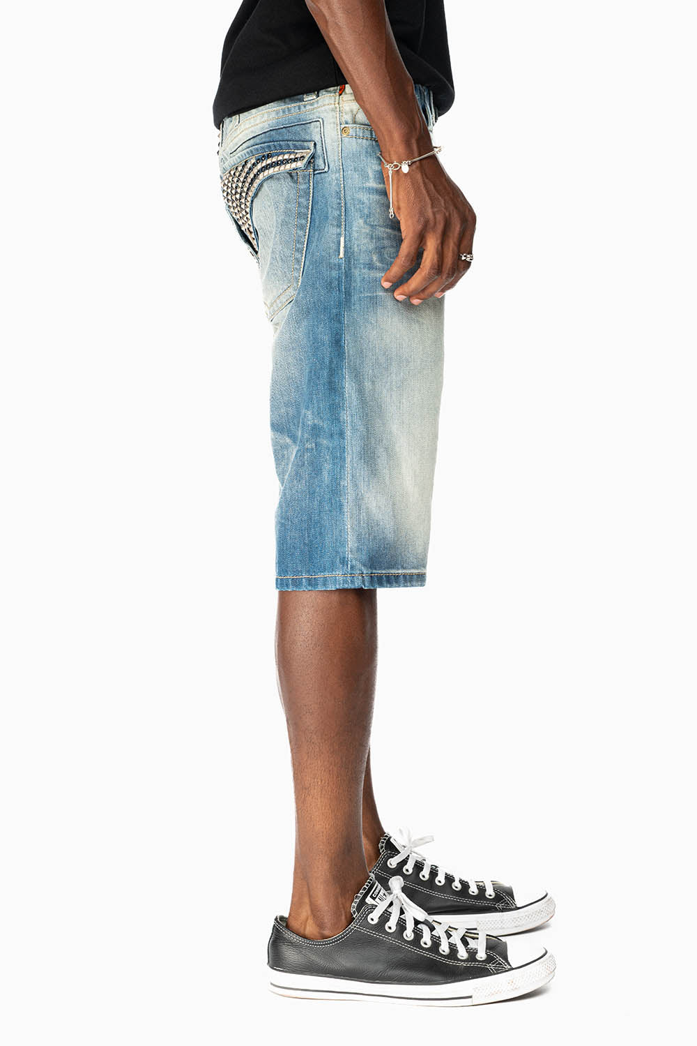 LIMITED EDITION MENS SHORTS WITH FLAP POCKETS IN OMAHA MEDIUM WASH WITH JET BLK CRYSTALS AND PYRAMID STUDS