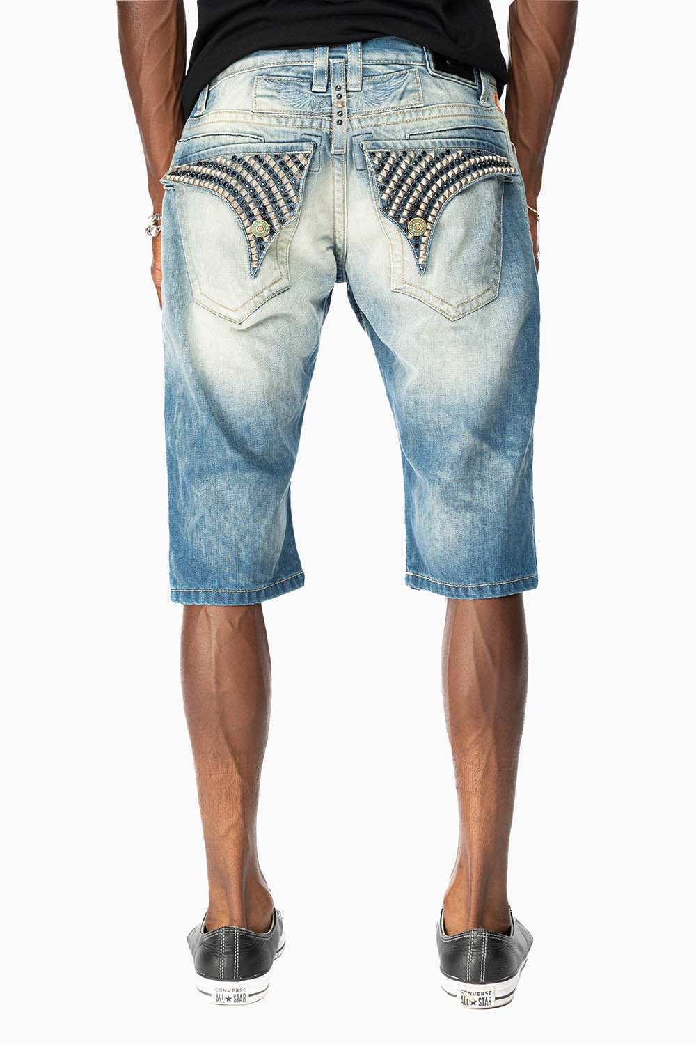 LIMITED EDITION MENS SHORTS WITH FLAP POCKETS IN OMAHA MEDIUM WASH WITH JET BLK CRYSTALS AND PYRAMID STUDS