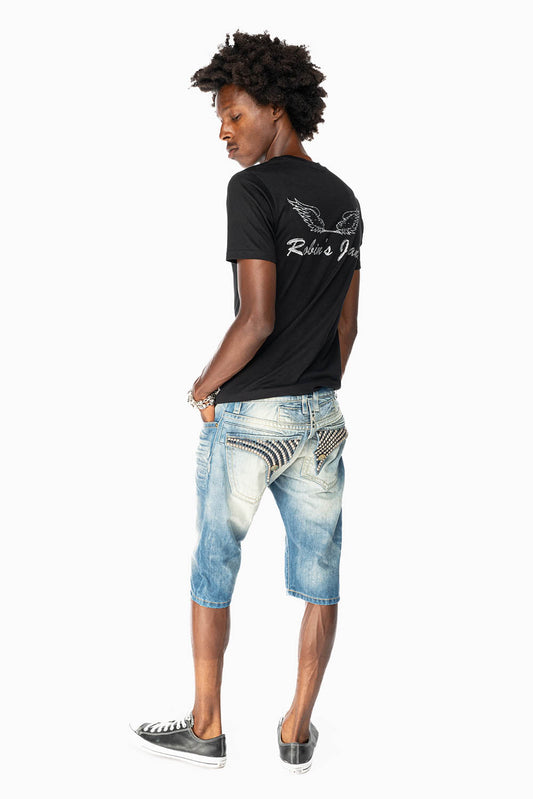 LIMITED EDITION MENS SHORTS WITH FLAP POCKETS IN OMAHA MEDIUM WASH WITH JET BLK CRYSTALS AND PYRAMID STUDS