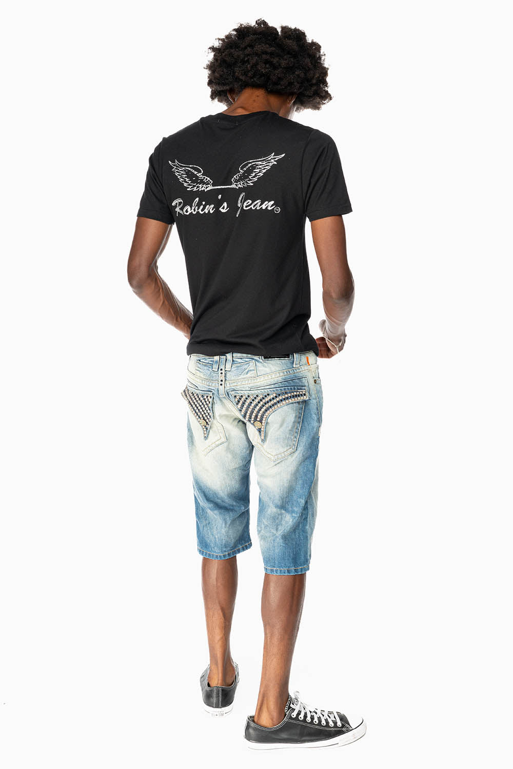 LIMITED EDITION MENS SHORTS WITH FLAP POCKETS IN OMAHA MEDIUM WASH WITH JET BLK CRYSTALS AND PYRAMID STUDS