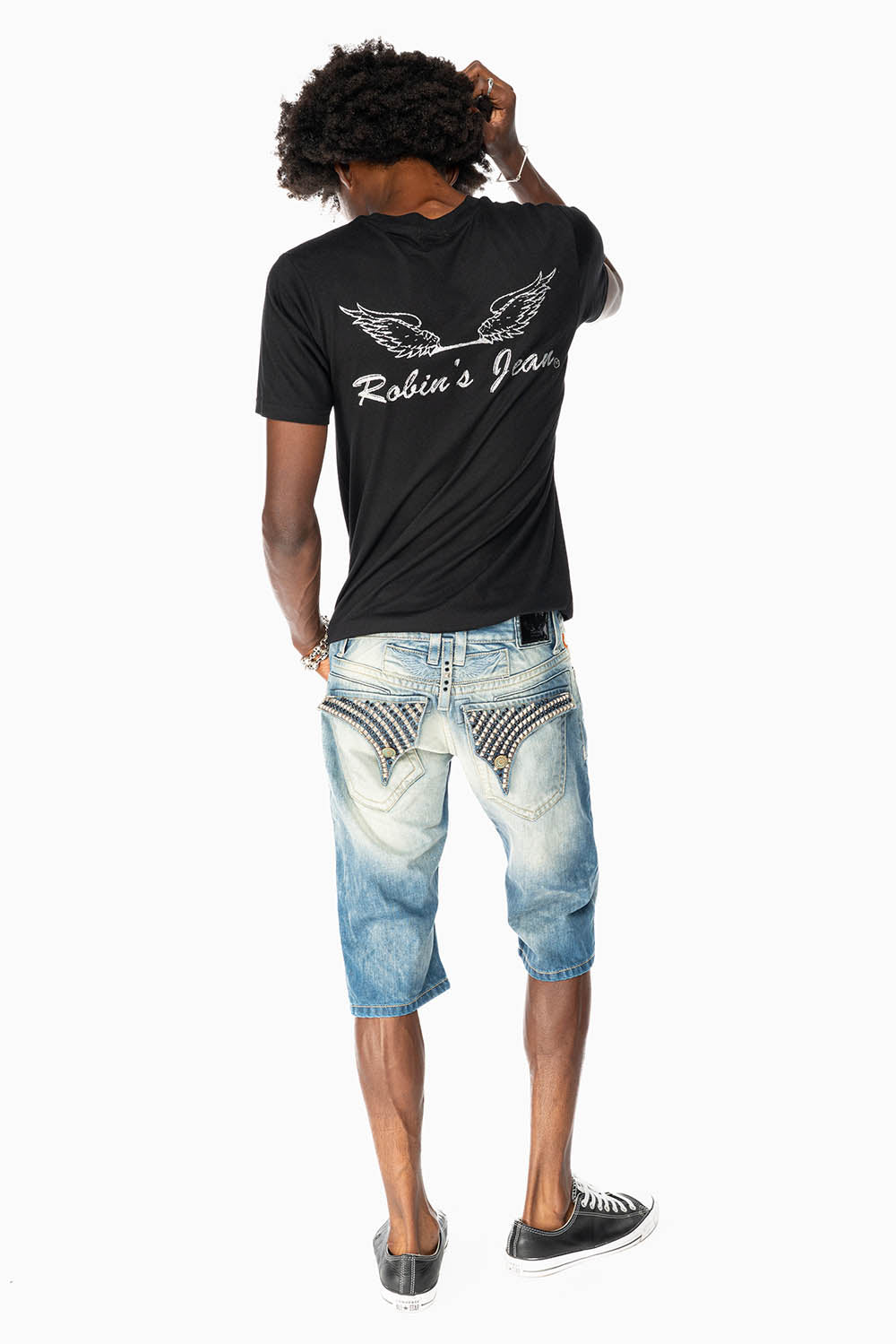 LIMITED EDITION MENS SHORTS WITH FLAP POCKETS IN OMAHA MEDIUM WASH WITH JET BLK CRYSTALS AND PYRAMID STUDS