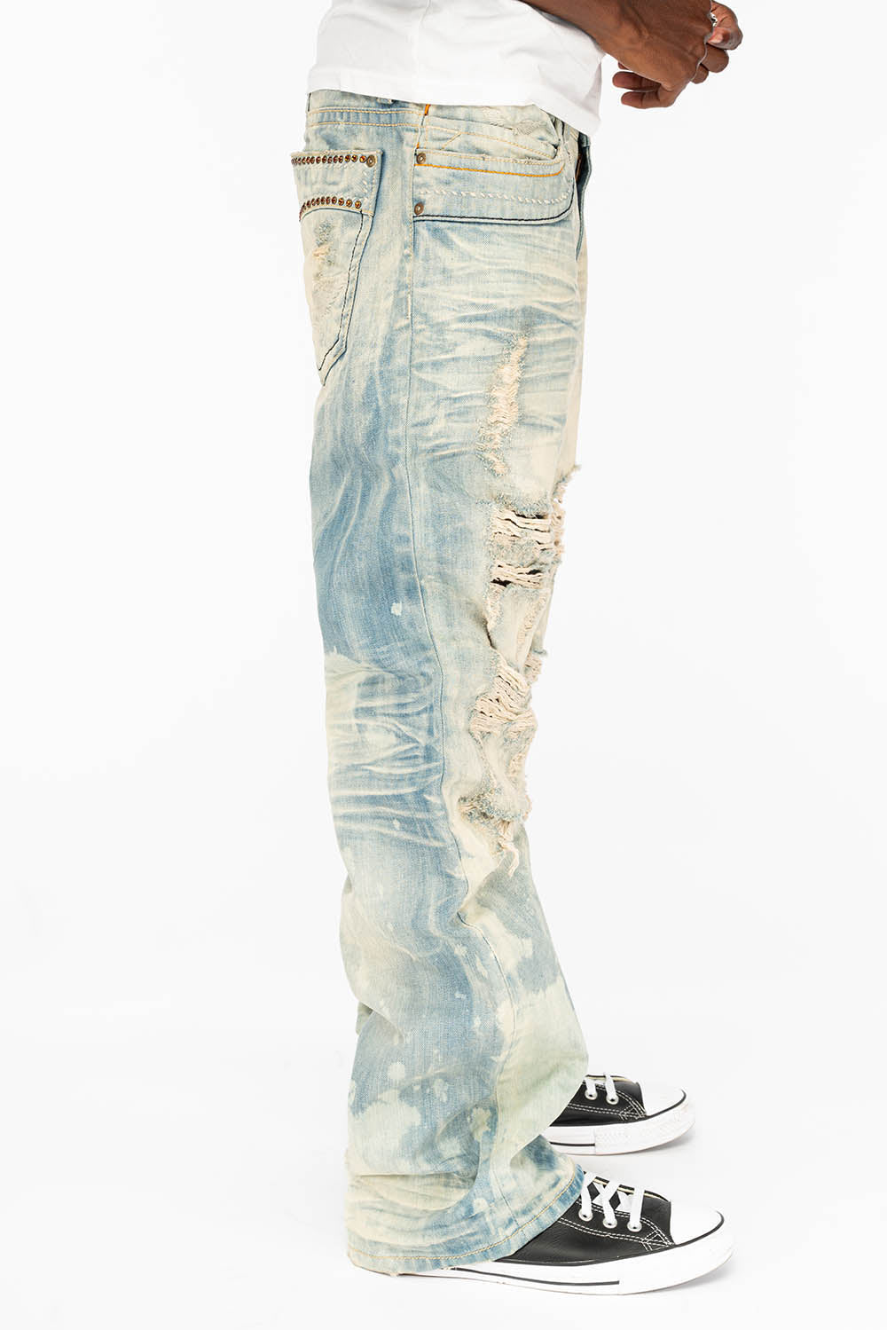 VINTAGE INDIGO DISTRESSED ,RIPPED JEAN  IN MIWOK BROKEN WASH WITH  ORANGE CRYSTALS