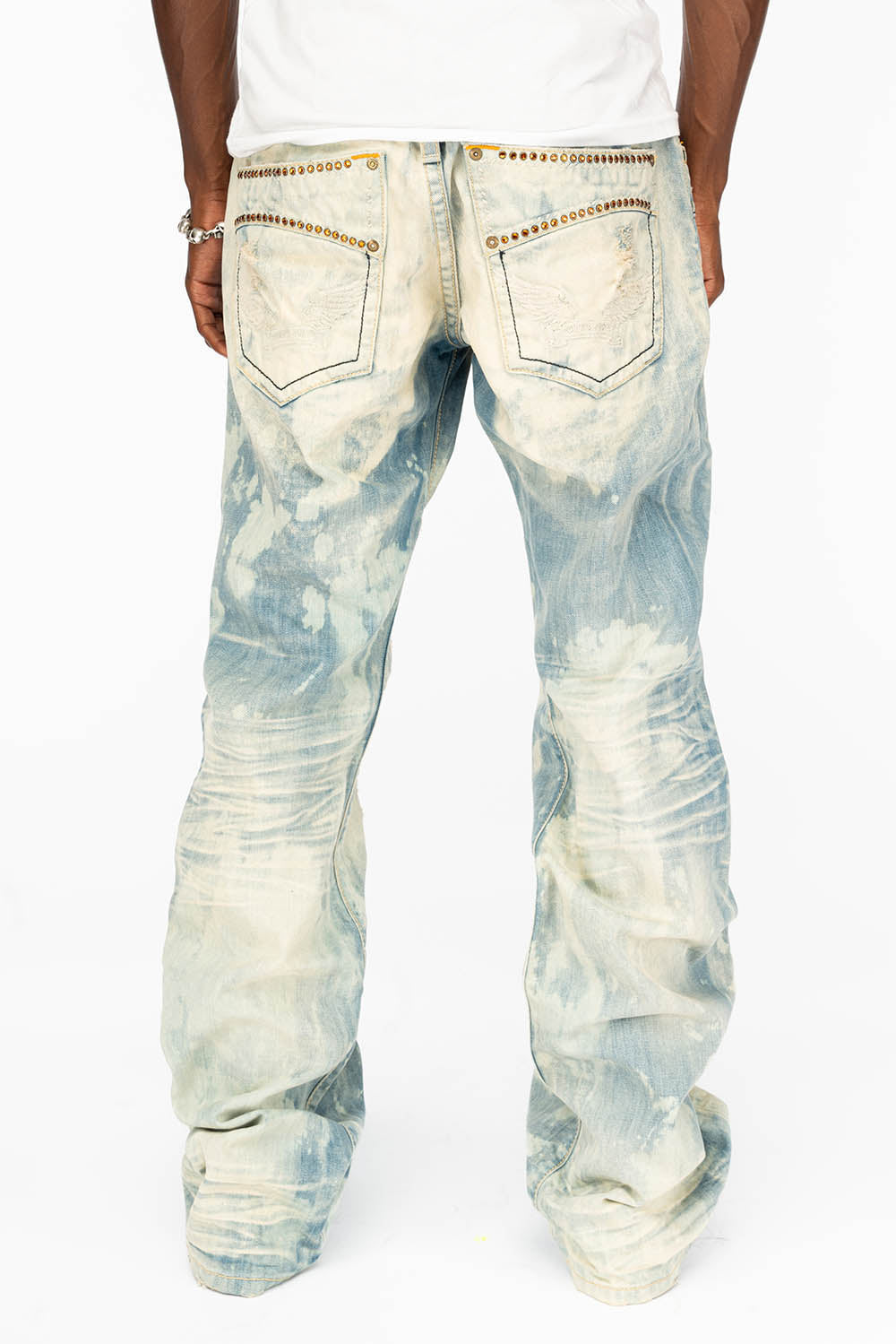 VINTAGE INDIGO DISTRESSED ,RIPPED JEAN  IN MIWOK BROKEN WASH WITH  ORANGE CRYSTALS