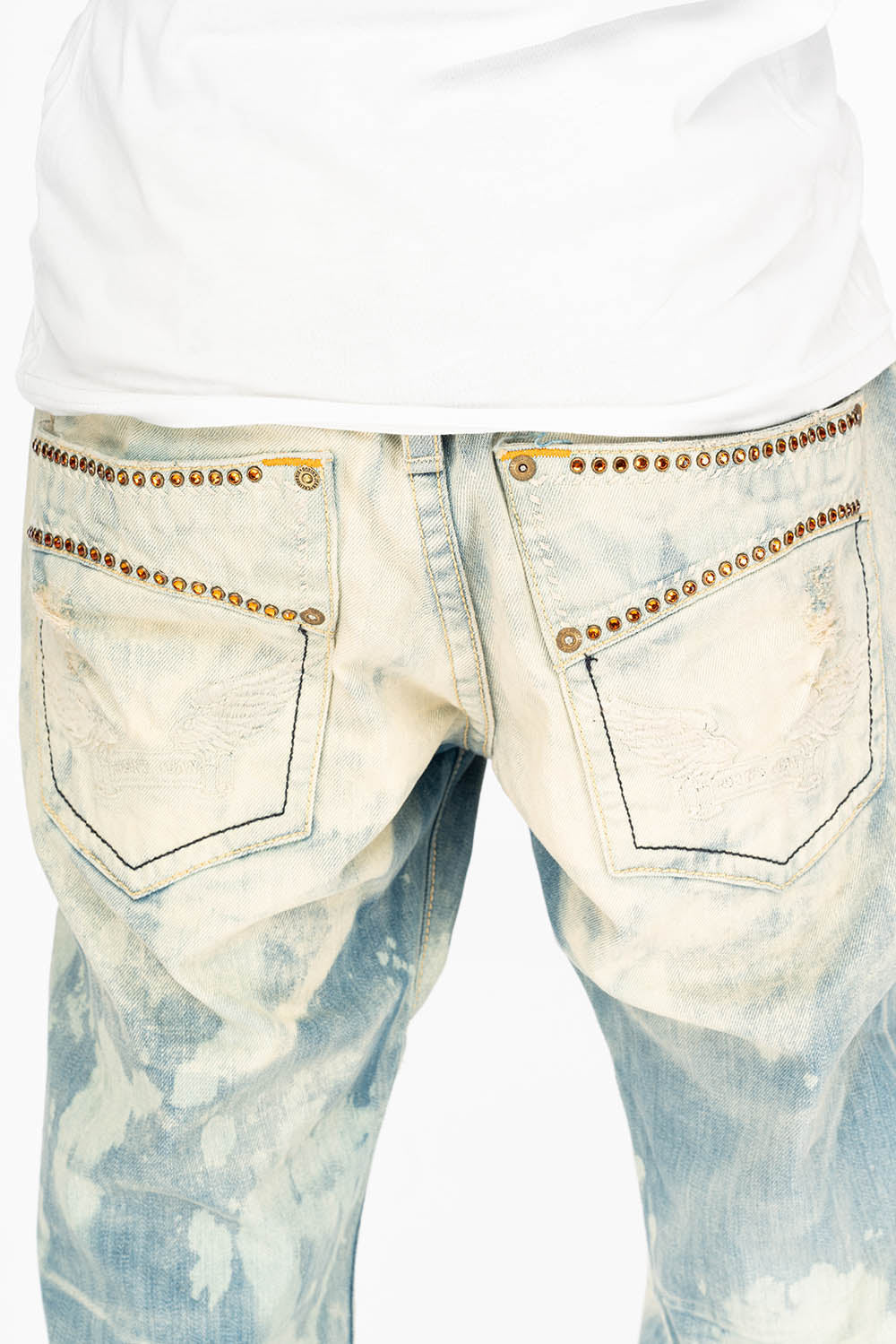 VINTAGE INDIGO DISTRESSED ,RIPPED JEAN  IN MIWOK BROKEN WASH WITH  ORANGE CRYSTALS