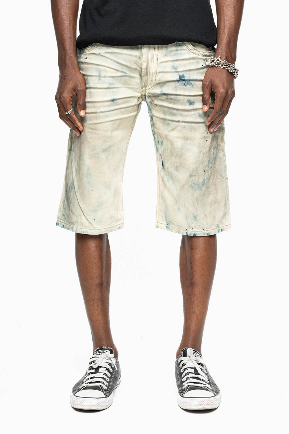 MENS DOUBLE FLAP DESTROYED SHORTS IN FROZEN WASH WITH CRYSTALS