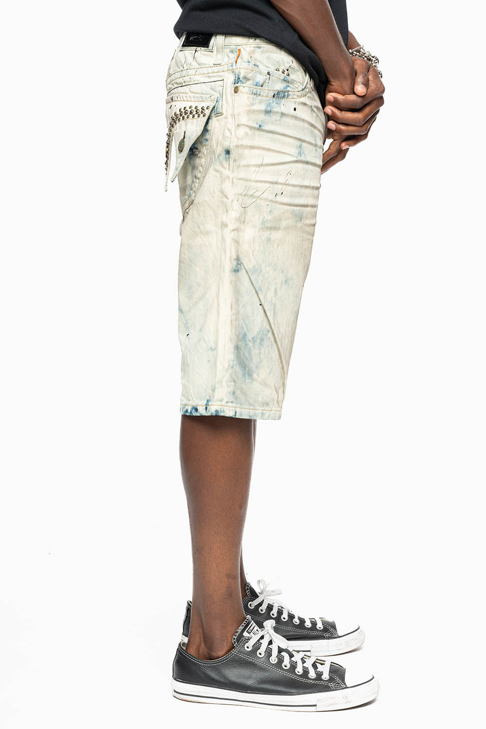 MENS DOUBLE FLAP DESTROYED SHORTS IN FROZEN WASH WITH CRYSTALS