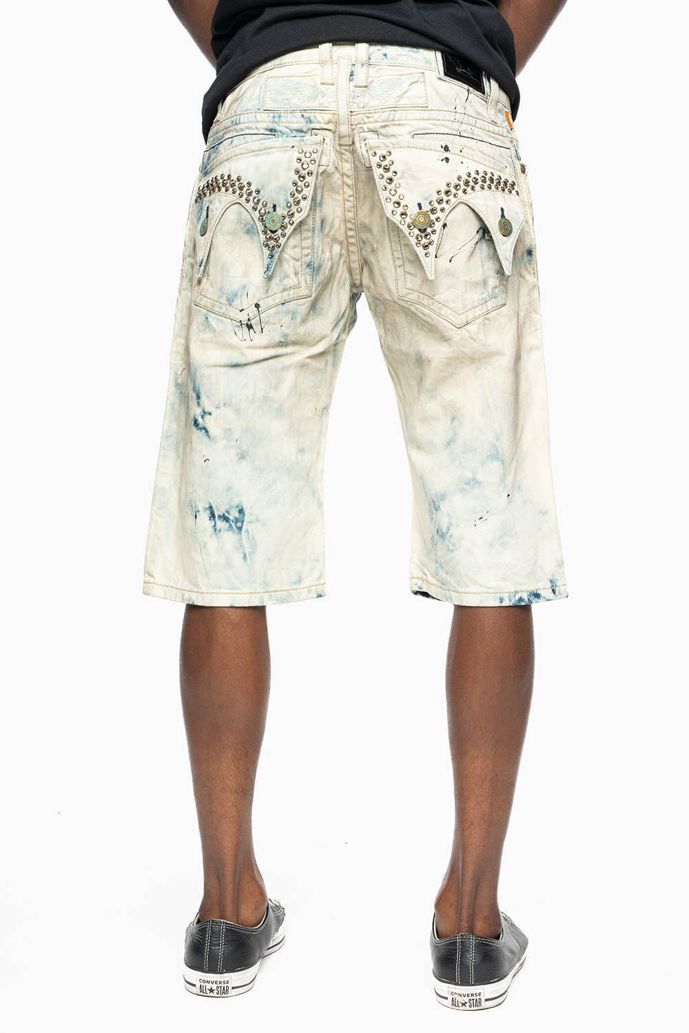 MENS DOUBLE FLAP DESTROYED SHORTS IN FROZEN WASH WITH CRYSTALS