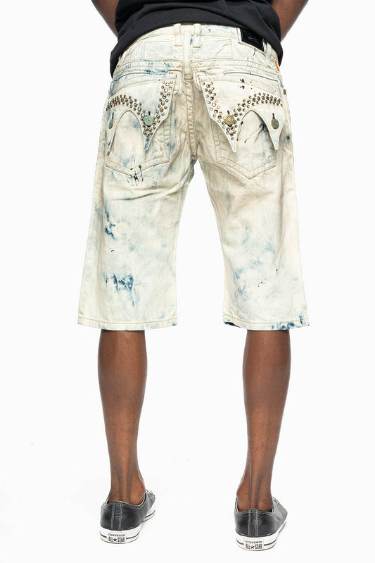 MENS DOUBLE FLAP DESTROYED SHORTS IN FROZEN WASH WITH CRYSTALS
