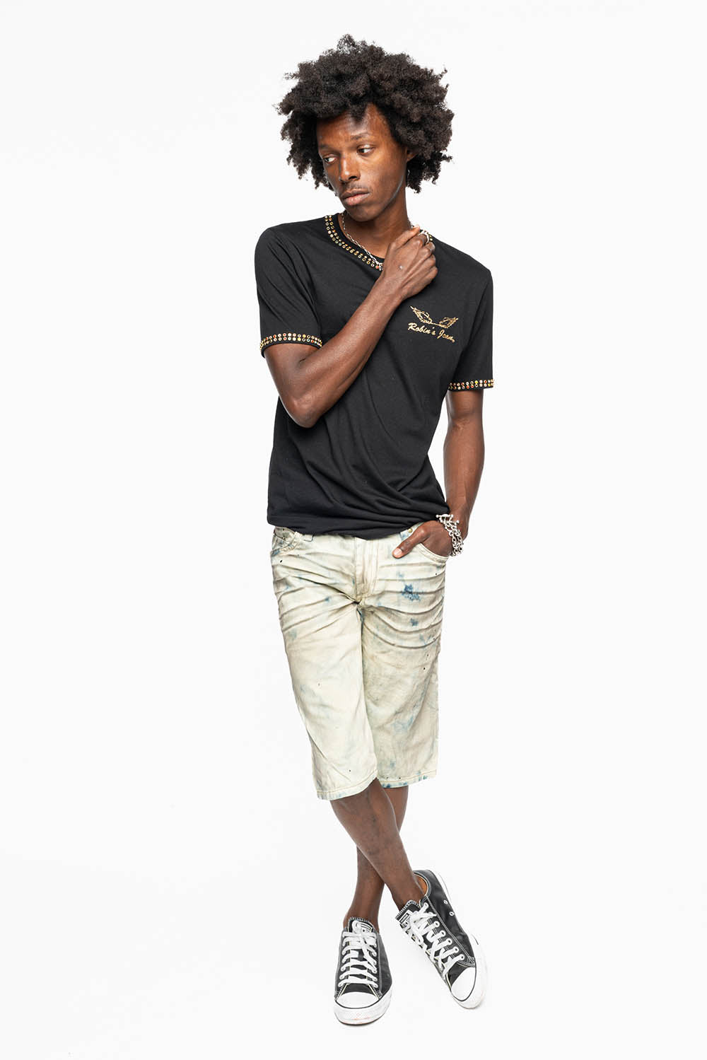 MENS DOUBLE FLAP DESTROYED SHORTS IN FROZEN WASH WITH CRYSTALS